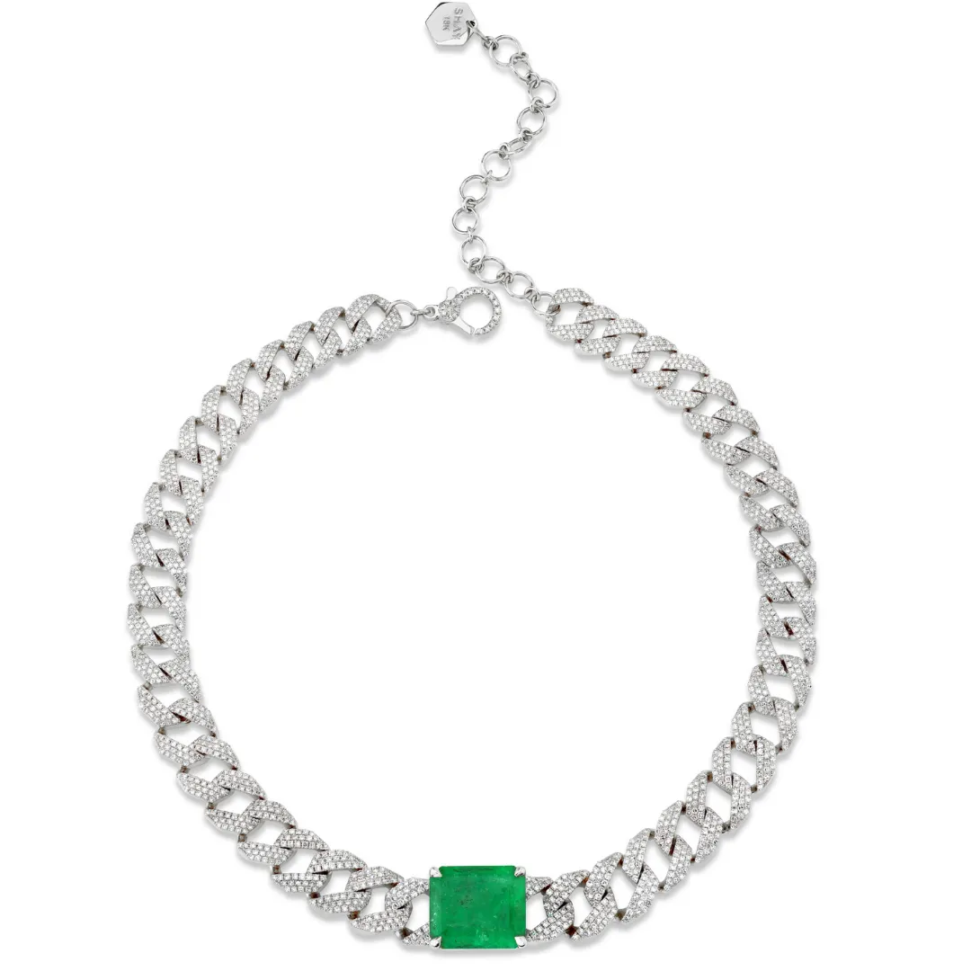 EMERALD SOLITAIRE PAVE GEO LINK NECKLACE