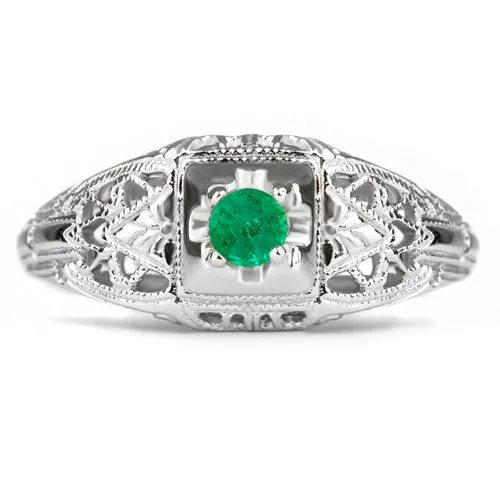 EMERALD STERLING SILVER VINTAGE STYLE COCKTAIL RING FILIGREE PROMISE NATURAL