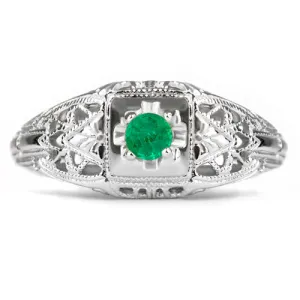 EMERALD STERLING SILVER VINTAGE STYLE COCKTAIL RING FILIGREE PROMISE NATURAL