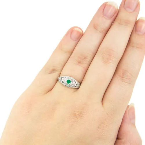 EMERALD STERLING SILVER VINTAGE STYLE COCKTAIL RING FILIGREE PROMISE NATURAL