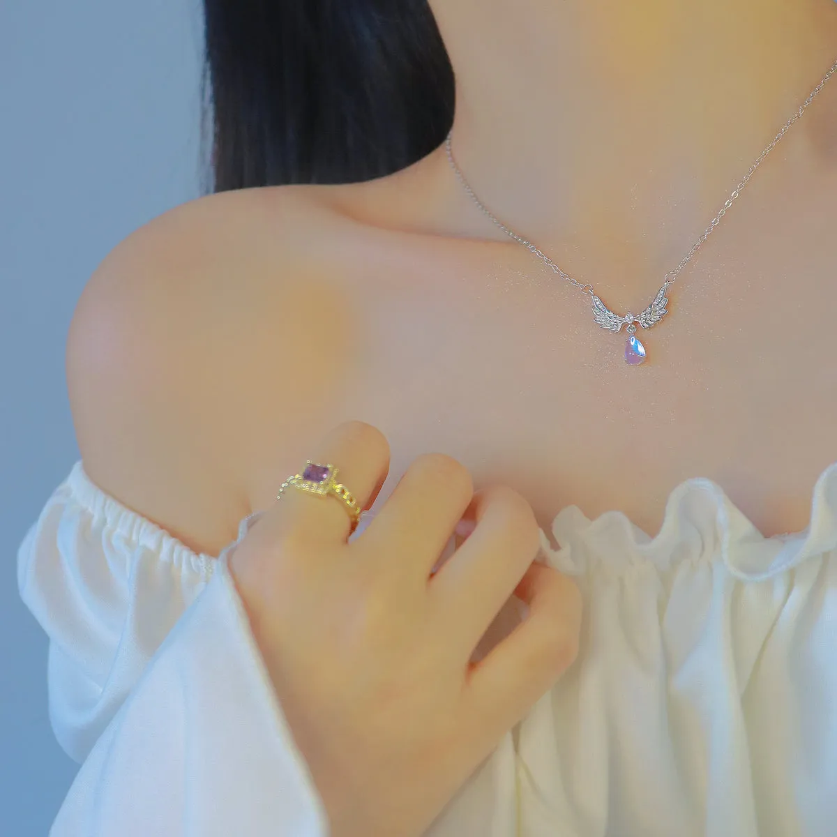 Exquisite Moonstone Angel Wings Pendant Necklace