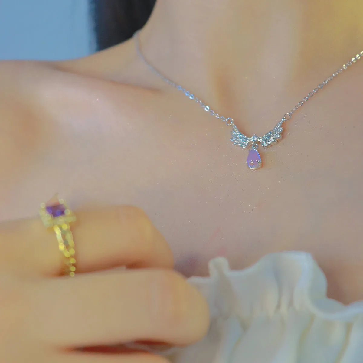 Exquisite Moonstone Angel Wings Pendant Necklace