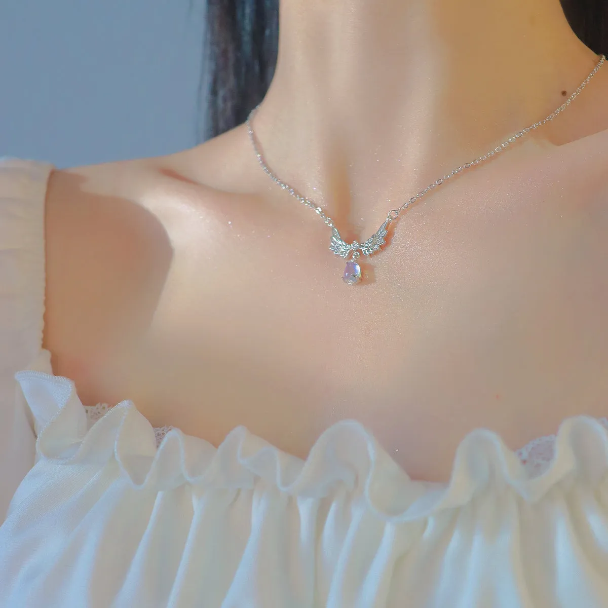 Exquisite Moonstone Angel Wings Pendant Necklace