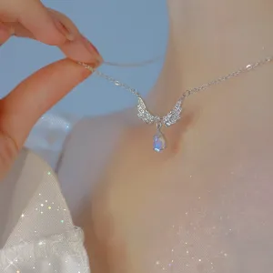 Exquisite Moonstone Angel Wings Pendant Necklace