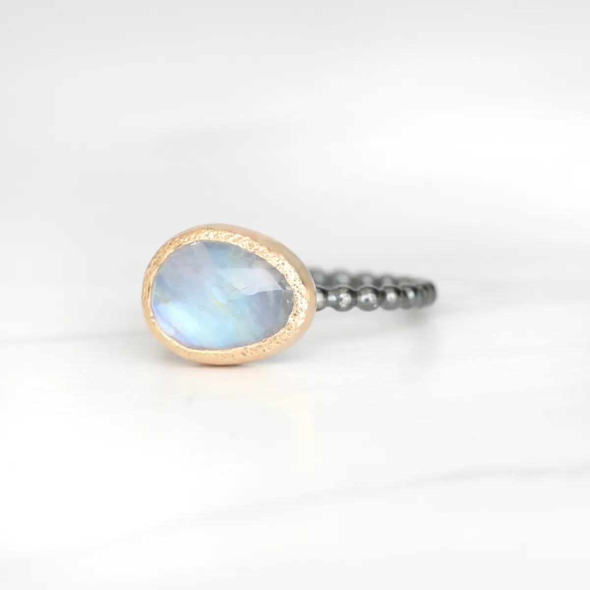 Freeform Rainbow Moonstone Ring in 14k Gold and Silver - Mahina Ring