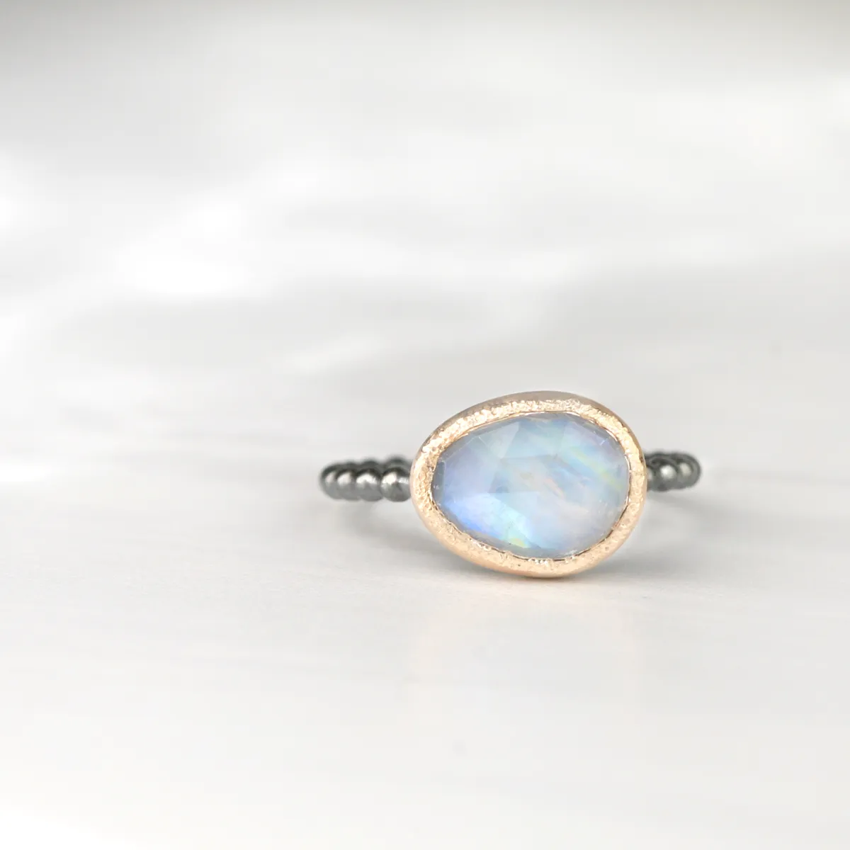Freeform Rainbow Moonstone Ring in 14k Gold and Silver - Mahina Ring