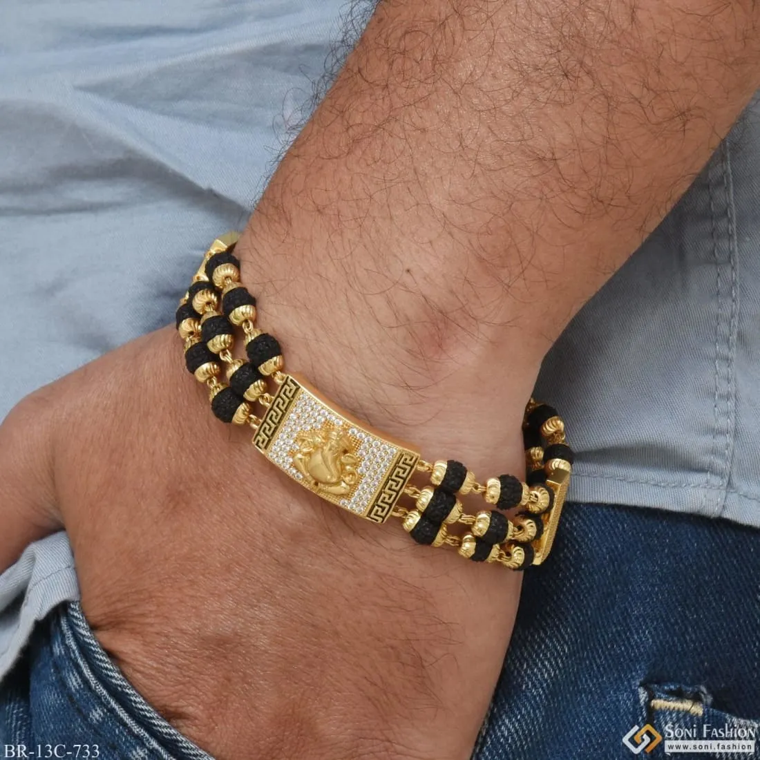 Ganesha Traditional Design Gold Plated Rudraksha Bracelet for Men - Style C733