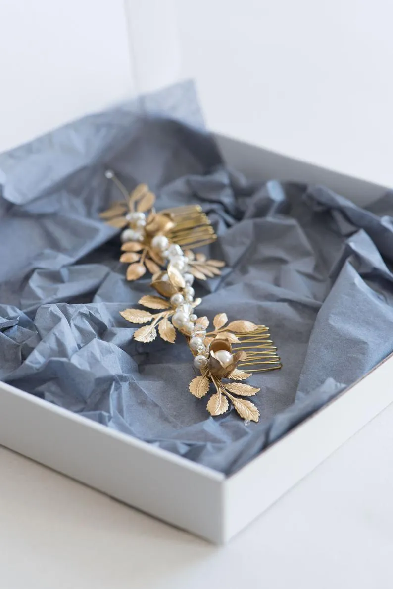 Gold leaf and flower hair vine with pearls and crystals