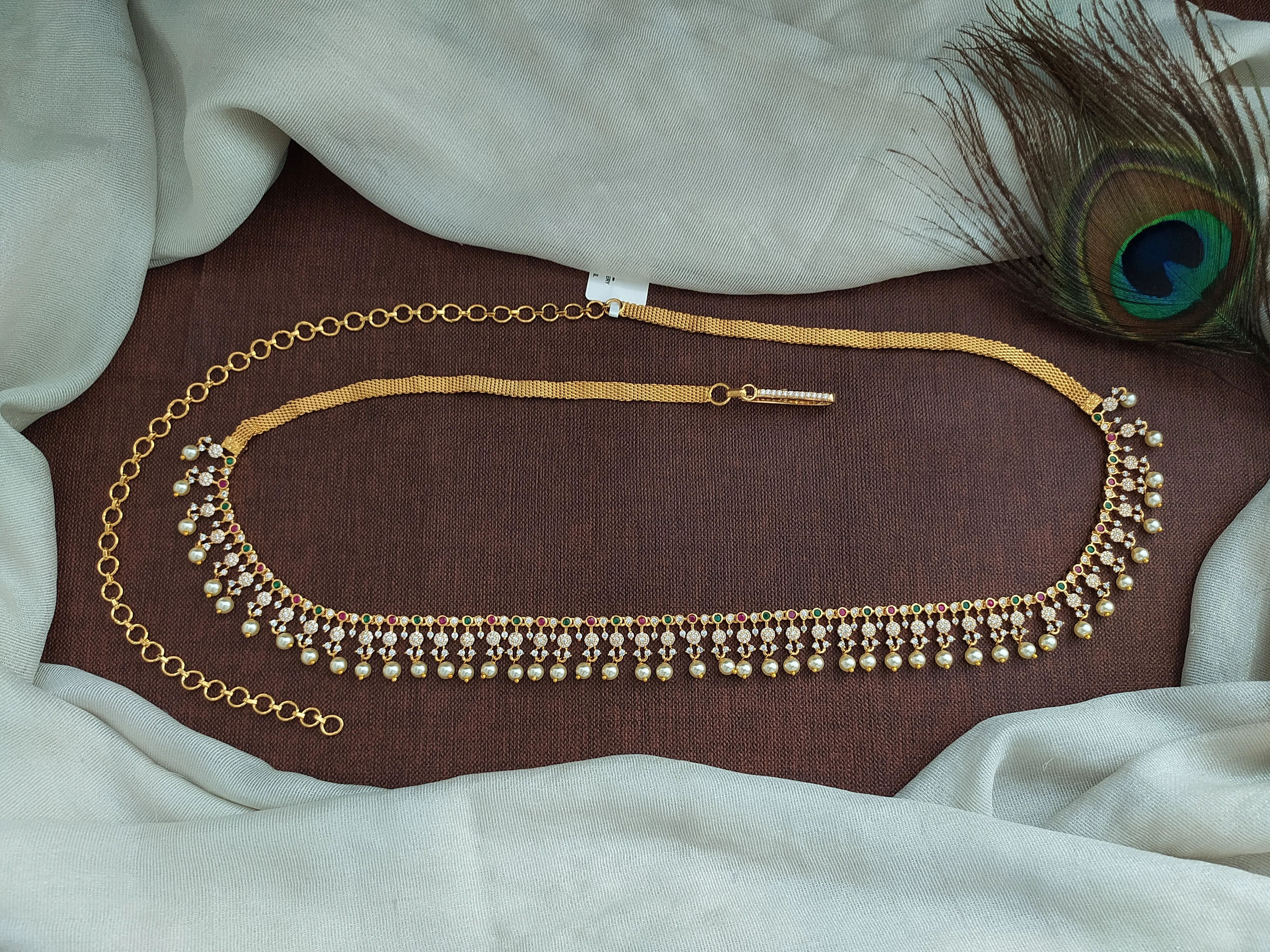 Gold-Plated Zircon Stone Hip Chain with Pearl Drops – A Festive & Bridal Essential