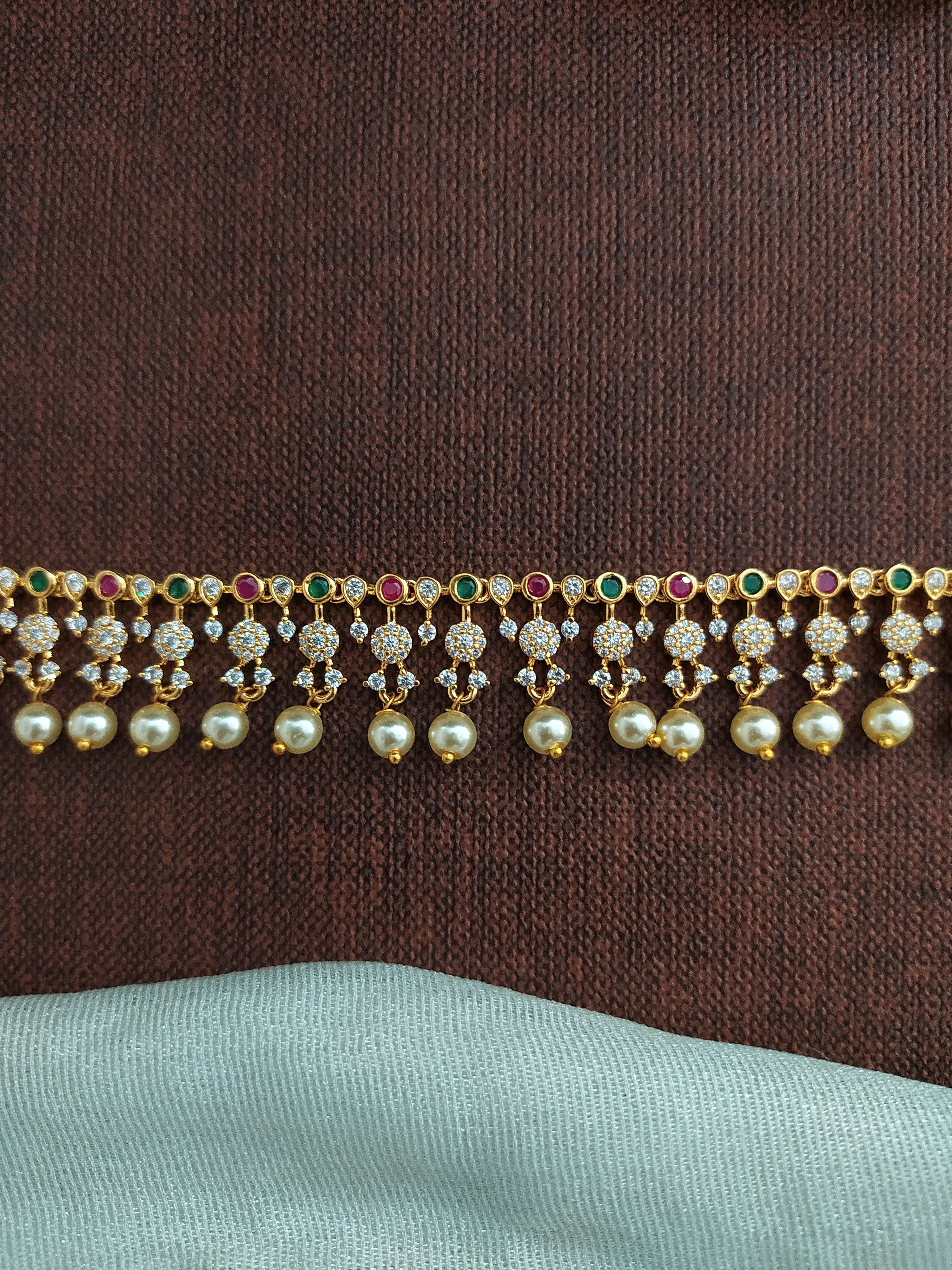 Gold-Plated Zircon Stone Hip Chain with Pearl Drops – A Festive & Bridal Essential