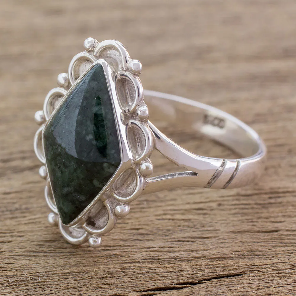 Guatemalan Handcrafted Dark Green Jade Ring - Dark Diamond Dahlia | NOVICA