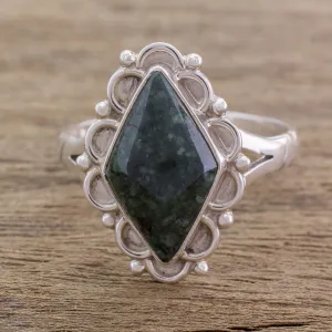 Guatemalan Handcrafted Dark Green Jade Ring - Dark Diamond Dahlia | NOVICA
