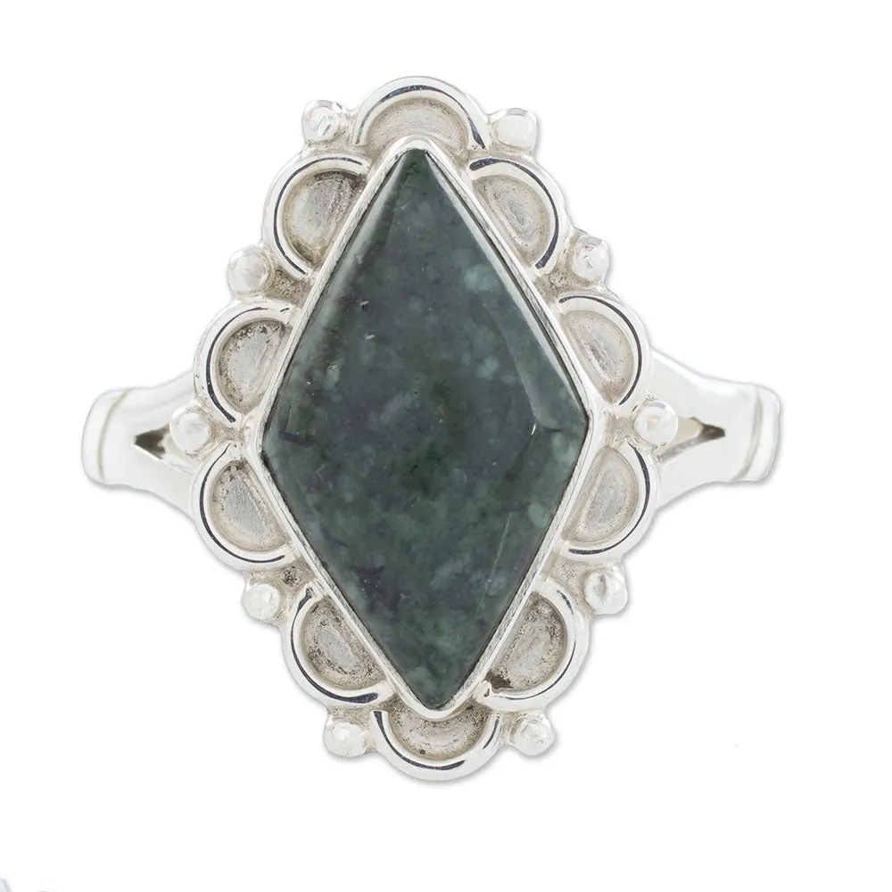 Guatemalan Handcrafted Dark Green Jade Ring - Dark Diamond Dahlia | NOVICA