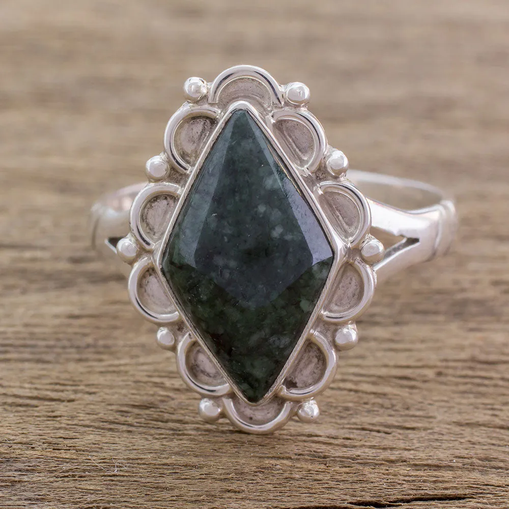 Guatemalan Handcrafted Dark Green Jade Ring - Dark Diamond Dahlia | NOVICA