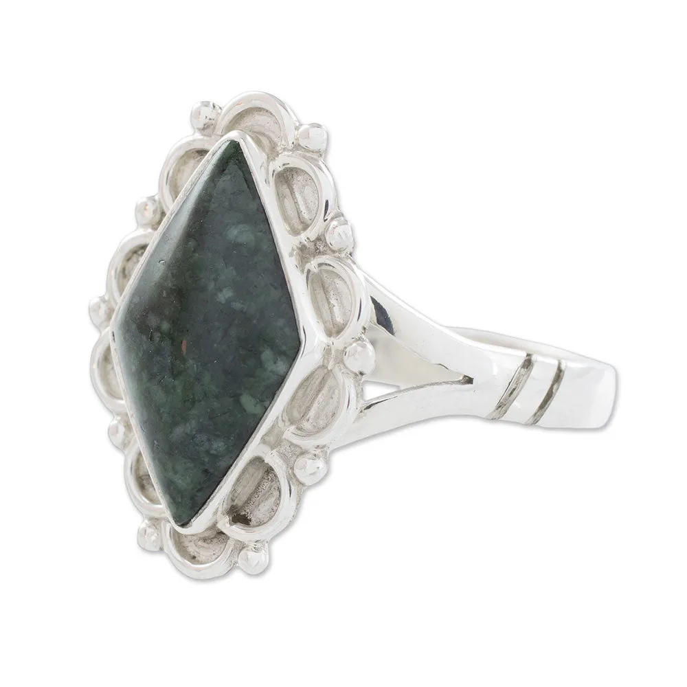 Guatemalan Handcrafted Dark Green Jade Ring - Dark Diamond Dahlia | NOVICA