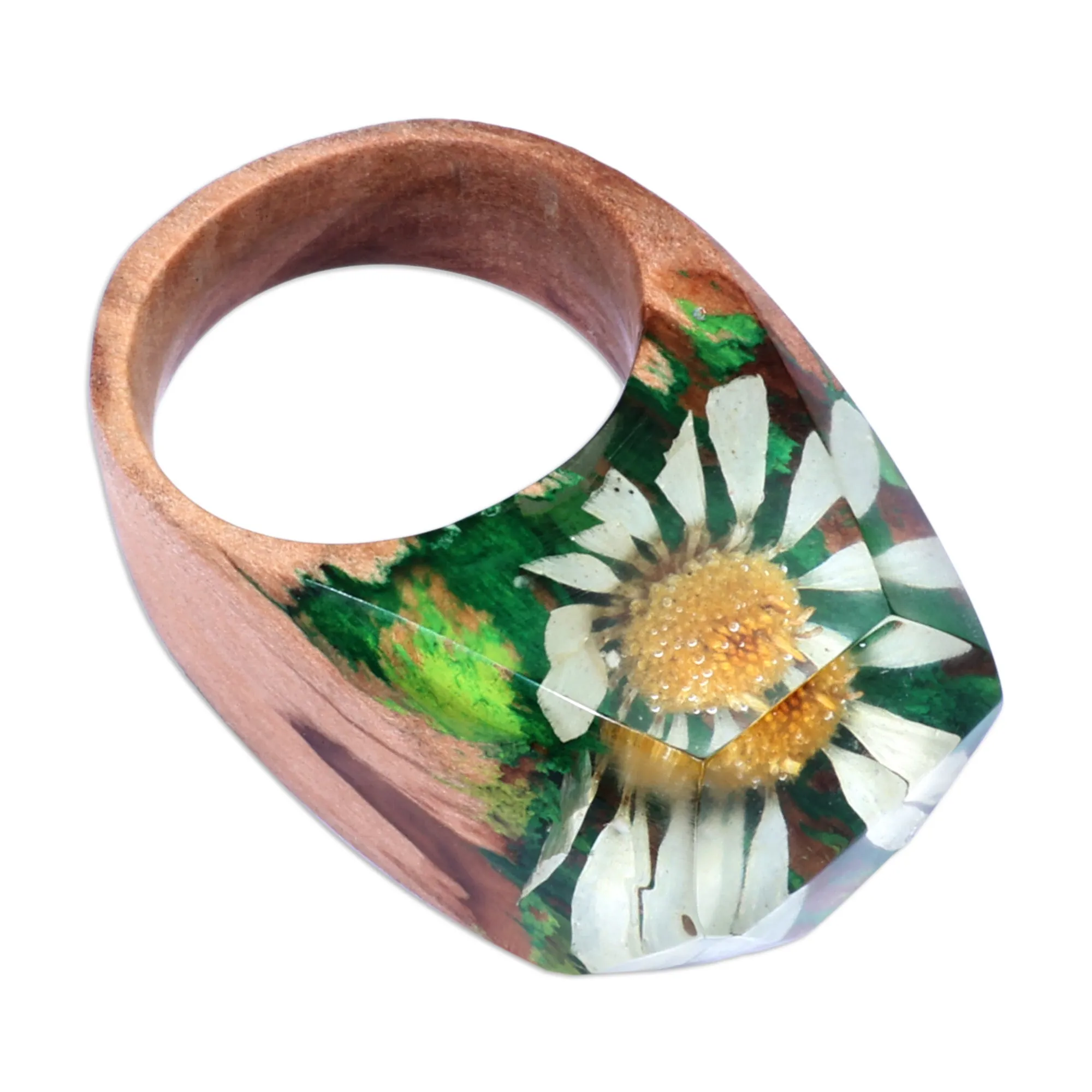 Handcrafted Natural Camomile Flower Wooden Cocktail Ring - Camomile Fragment | NOVICA