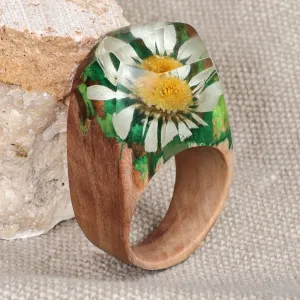 Handcrafted Natural Camomile Flower Wooden Cocktail Ring - Camomile Fragment | NOVICA