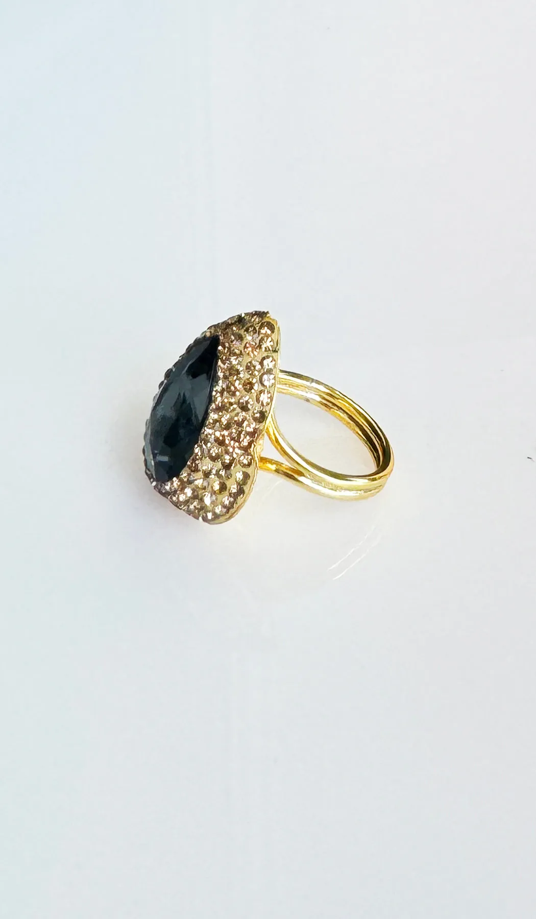 Jeweled Smoky and Champagne Crystal Teardrop Cocktail Ring