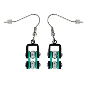 MiniEARRINGS Two Tone Black Aquamarine with White Crystal Centers Stainless Steel Motorcycle Bike Chain