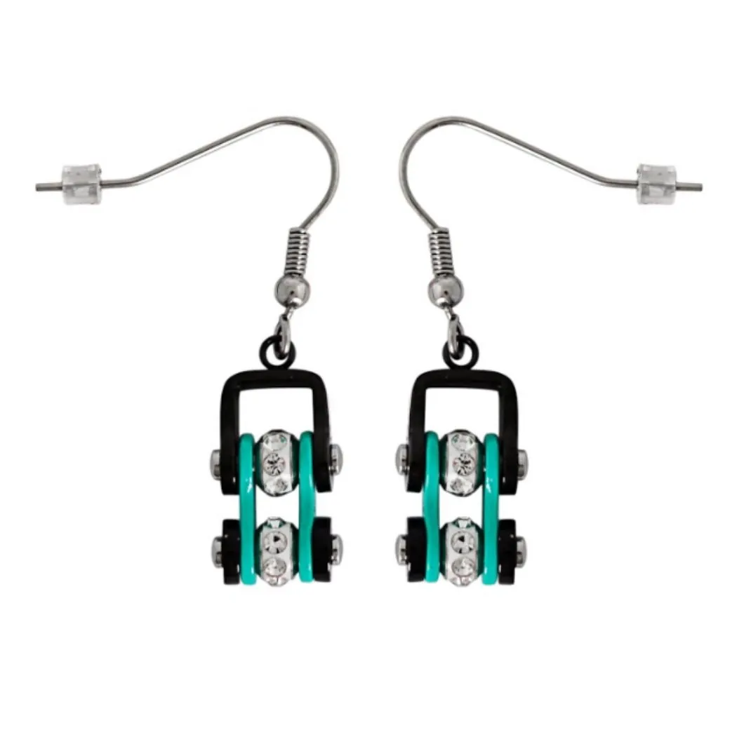 MiniEARRINGS Two Tone Black Aquamarine with White Crystal Centers Stainless Steel Motorcycle Bike Chain