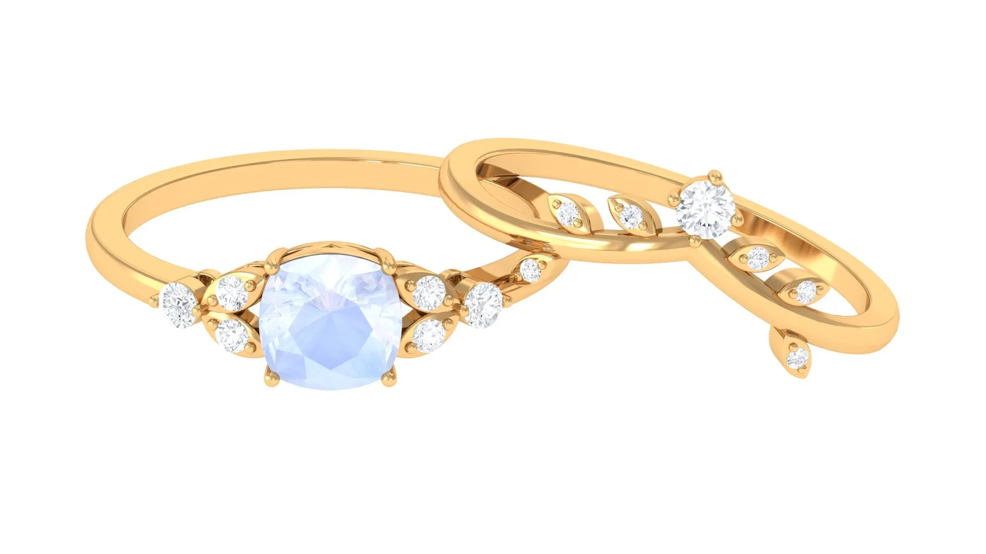 Moonstone and Diamond Ring Set with Leaf Motif