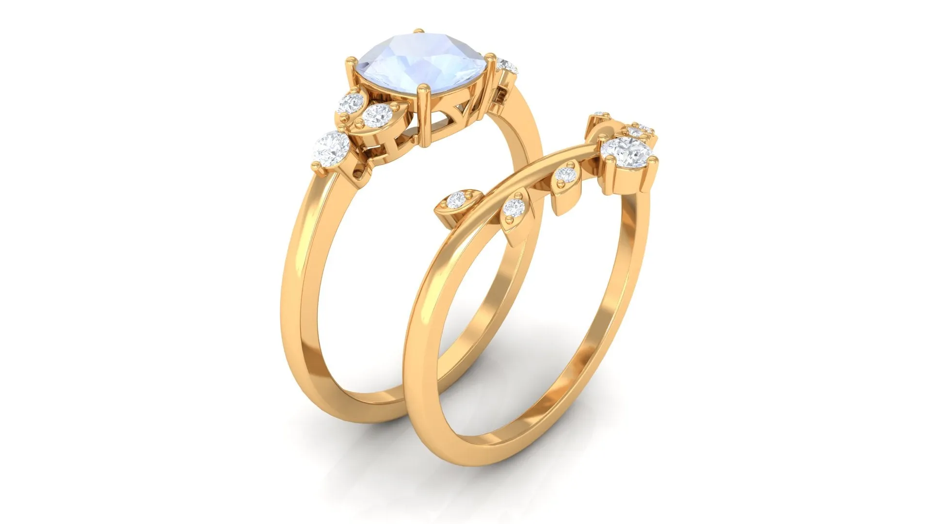 Moonstone and Diamond Ring Set with Leaf Motif