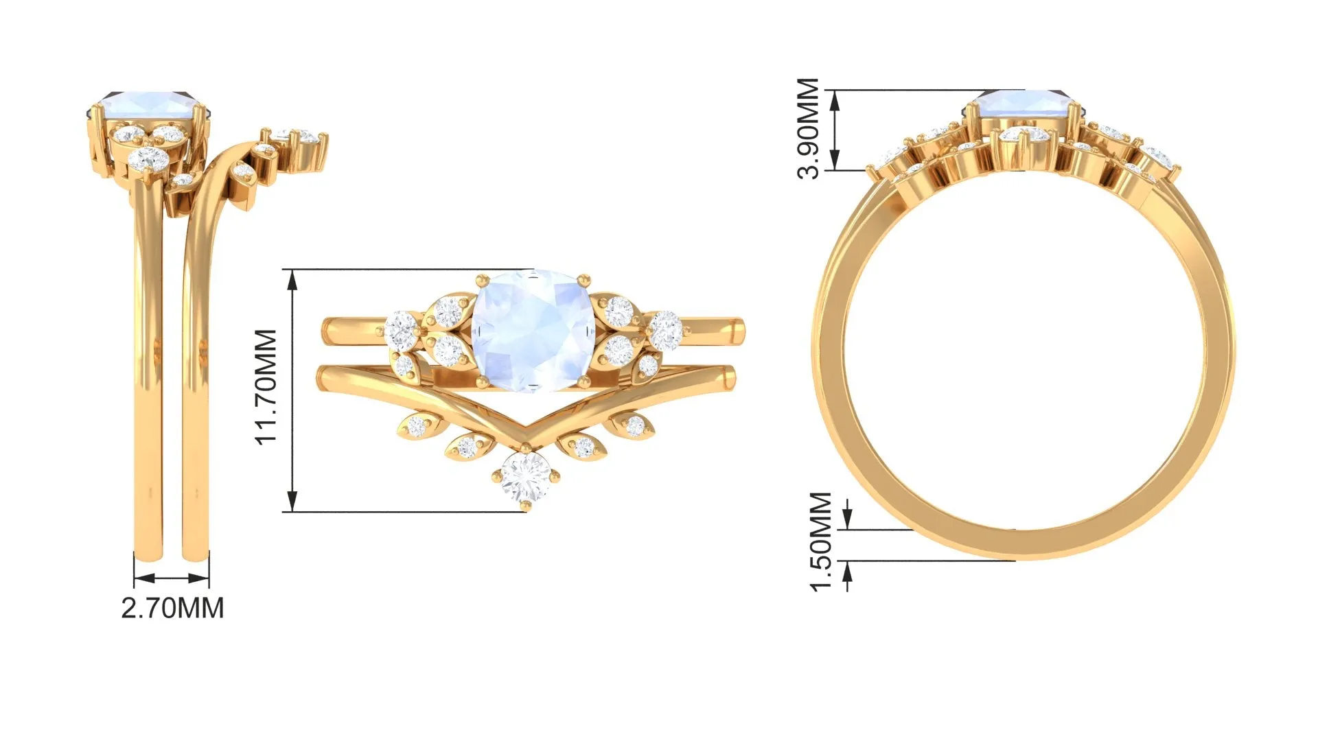 Moonstone and Diamond Ring Set with Leaf Motif