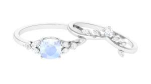 Moonstone and Diamond Ring Set with Leaf Motif