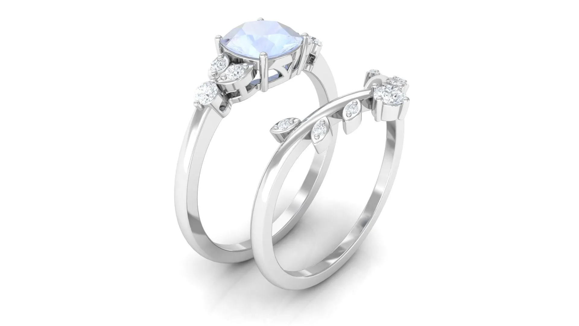 Moonstone and Diamond Ring Set with Leaf Motif