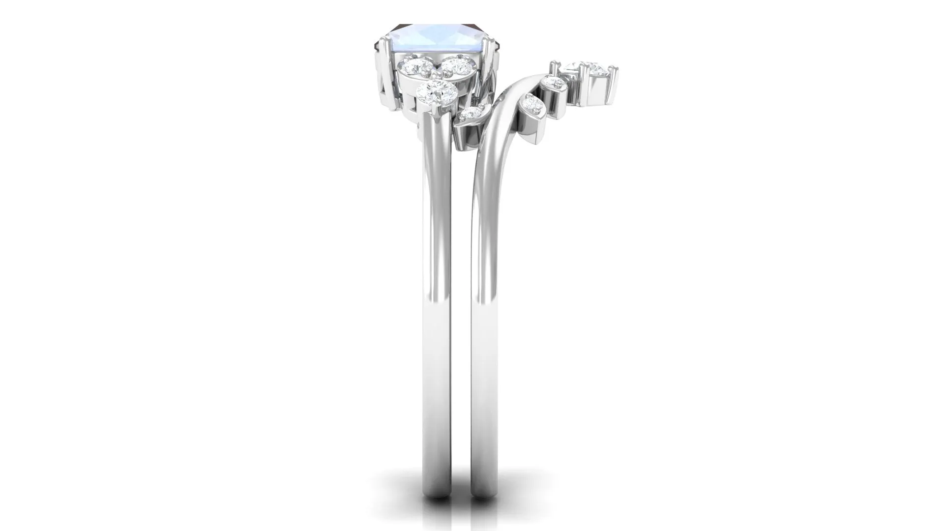 Moonstone and Diamond Ring Set with Leaf Motif