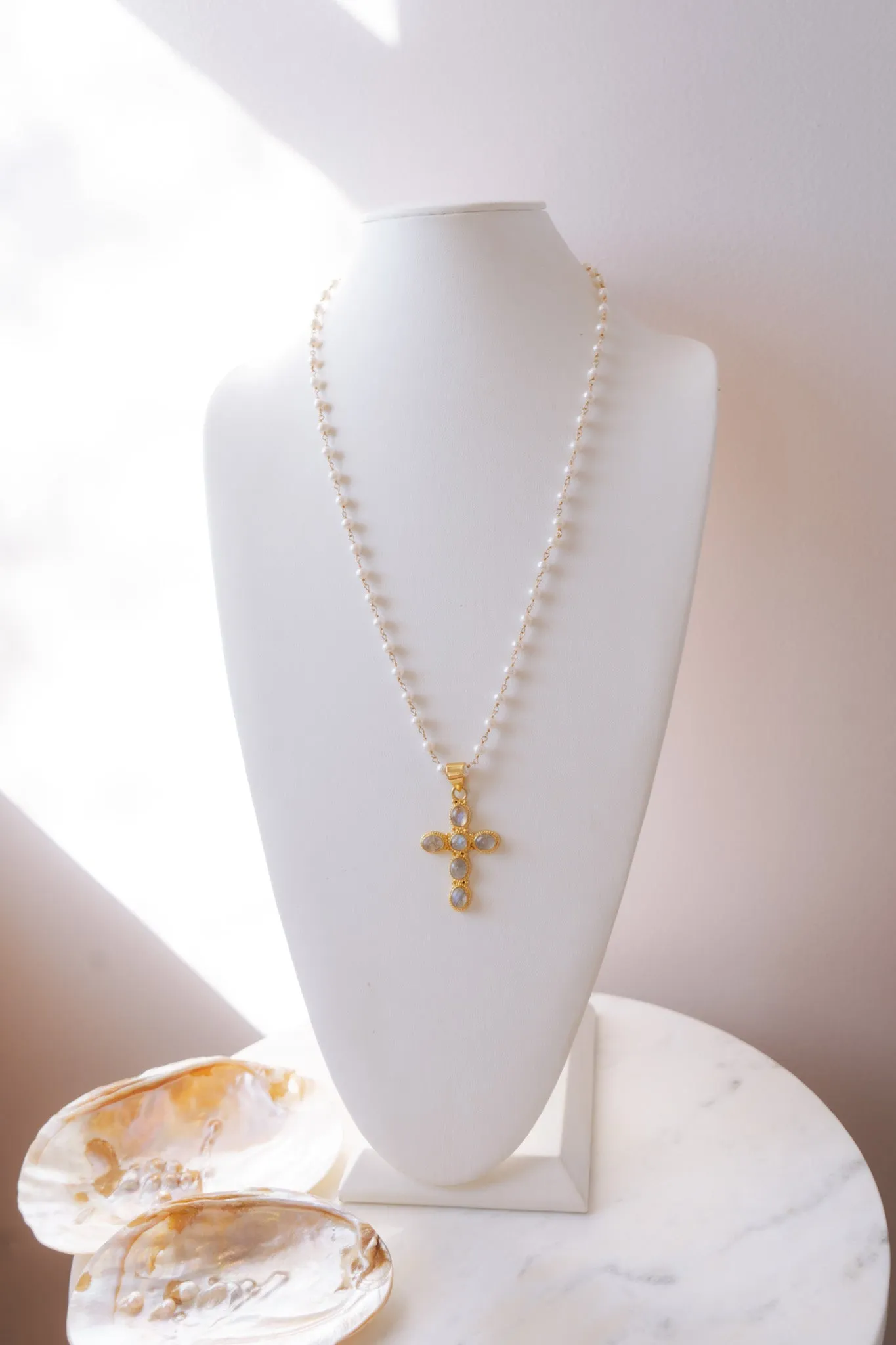 Moonstone Cross, Pearls, Pave Diamond Clasp Long Necklace