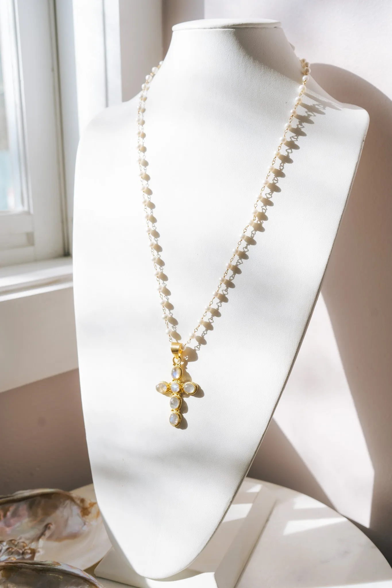 Moonstone Cross, Pearls, Pave Diamond Clasp Long Necklace