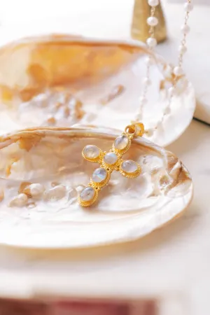 Moonstone Cross, Pearls, Pave Diamond Clasp Long Necklace