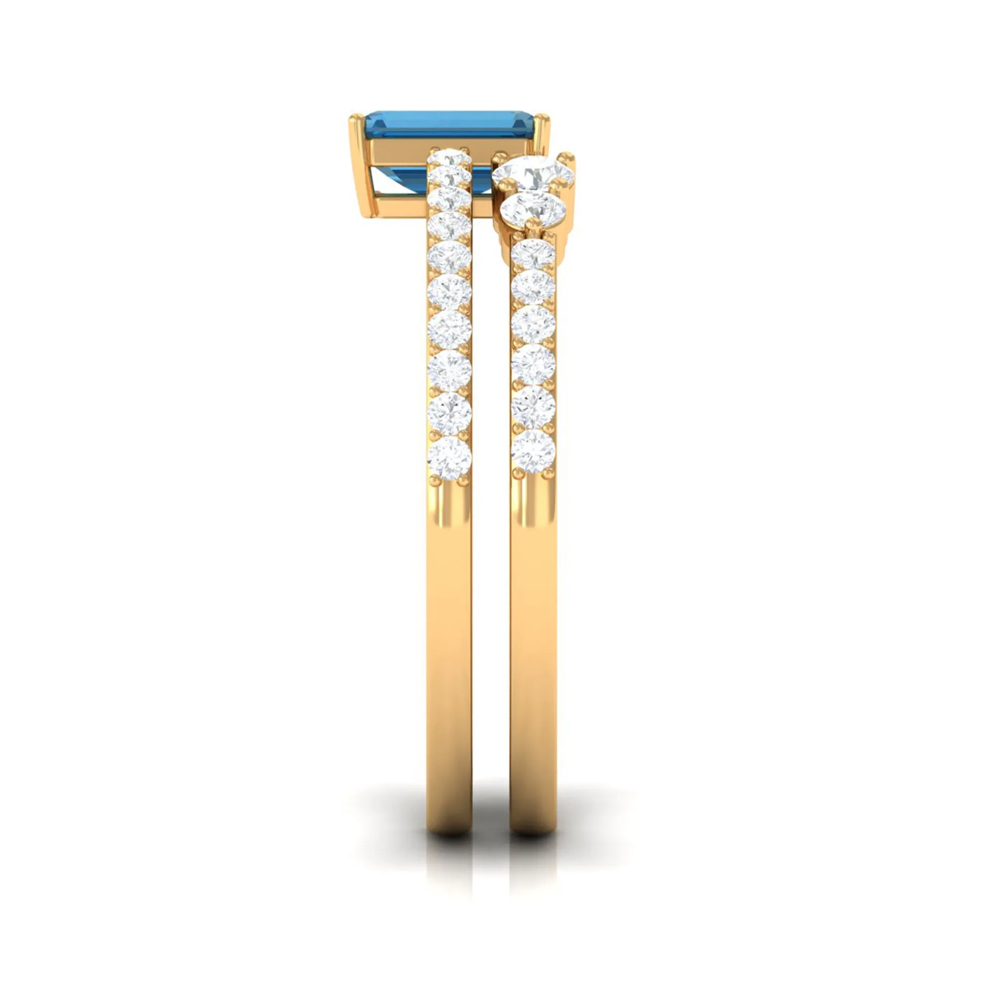 Natural London Blue Topaz Emerald Cut Solitaire Wedding Ring Set with Diamond Band