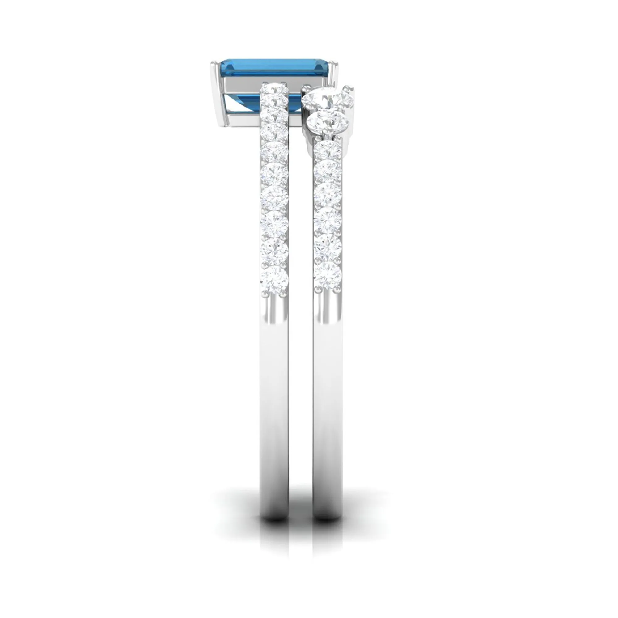 Natural London Blue Topaz Emerald Cut Solitaire Wedding Ring Set with Diamond Band