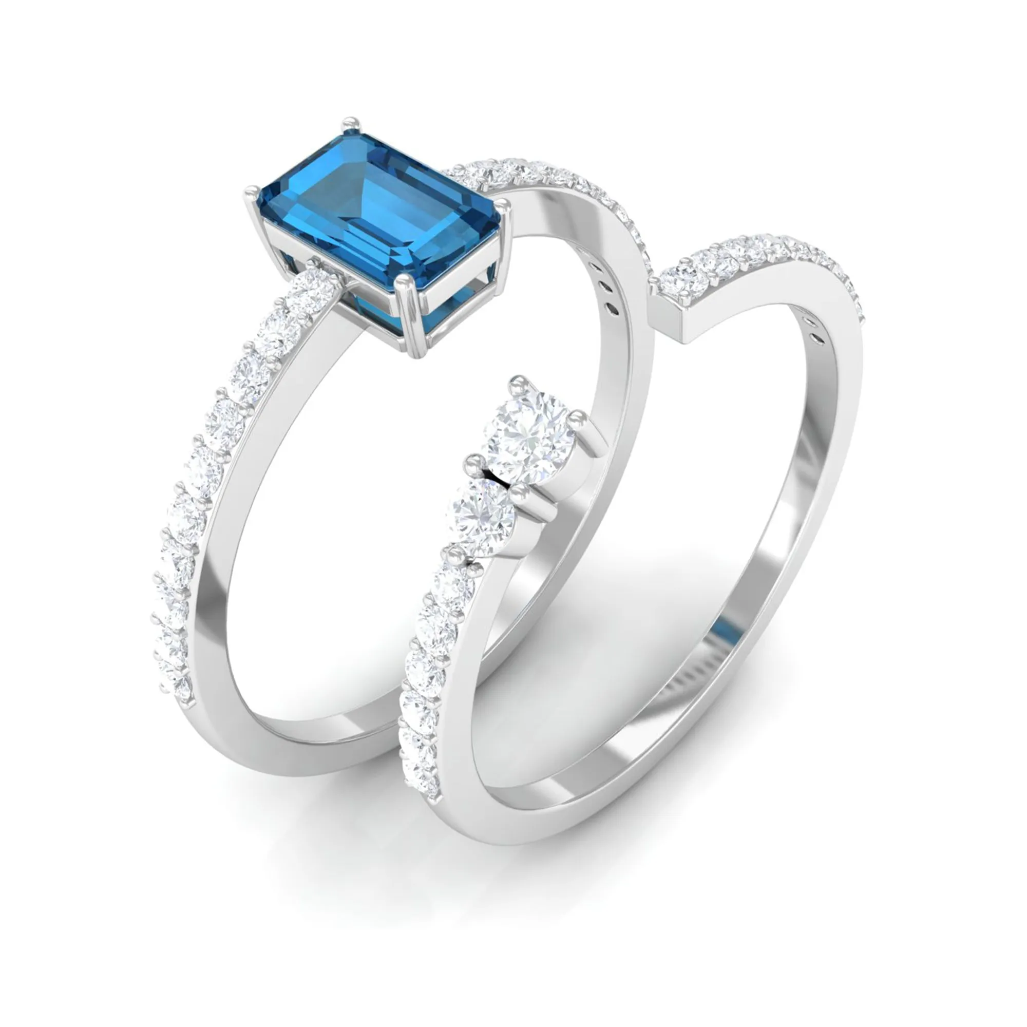 Natural London Blue Topaz Emerald Cut Solitaire Wedding Ring Set with Diamond Band