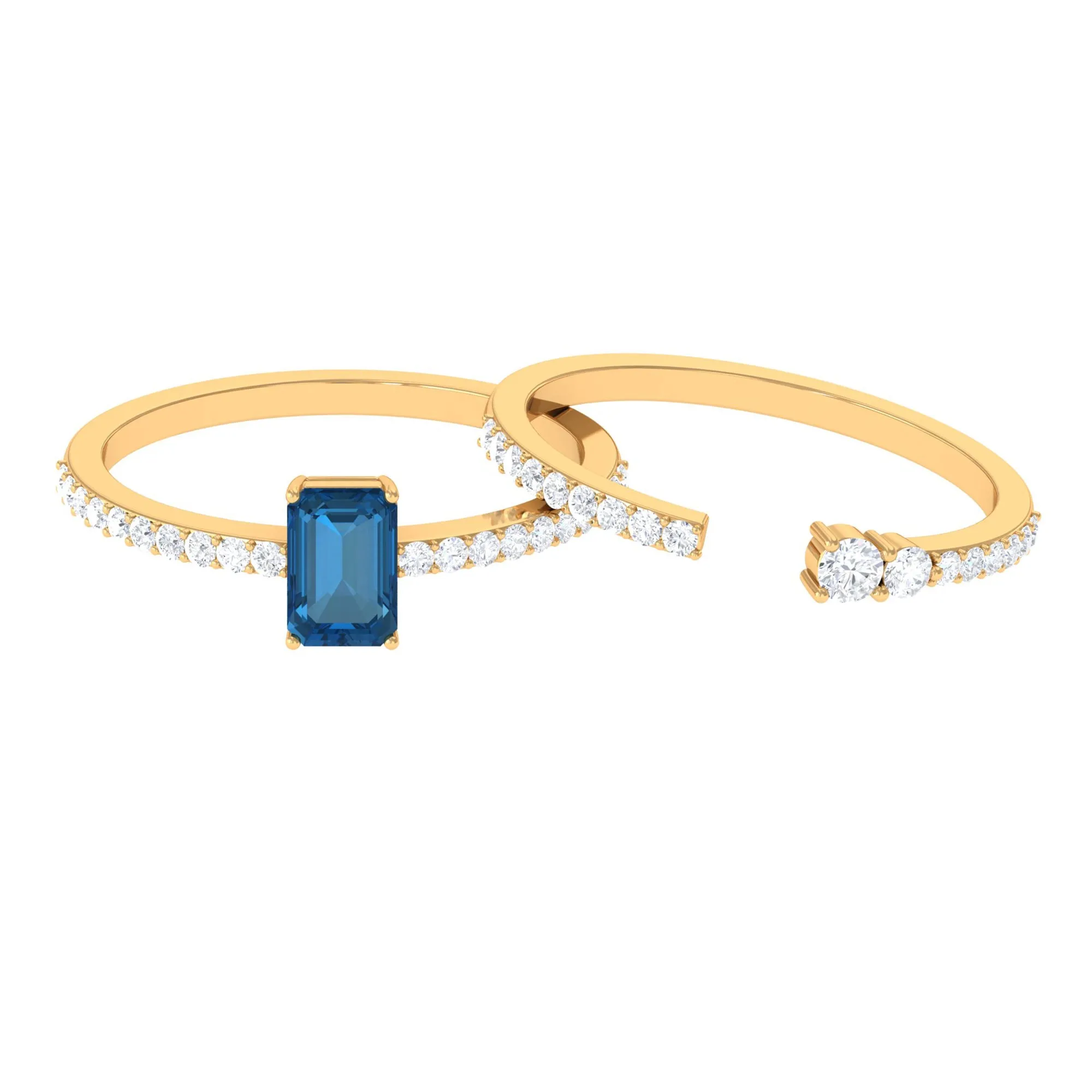 Natural London Blue Topaz Emerald Cut Solitaire Wedding Ring Set with Diamond Band