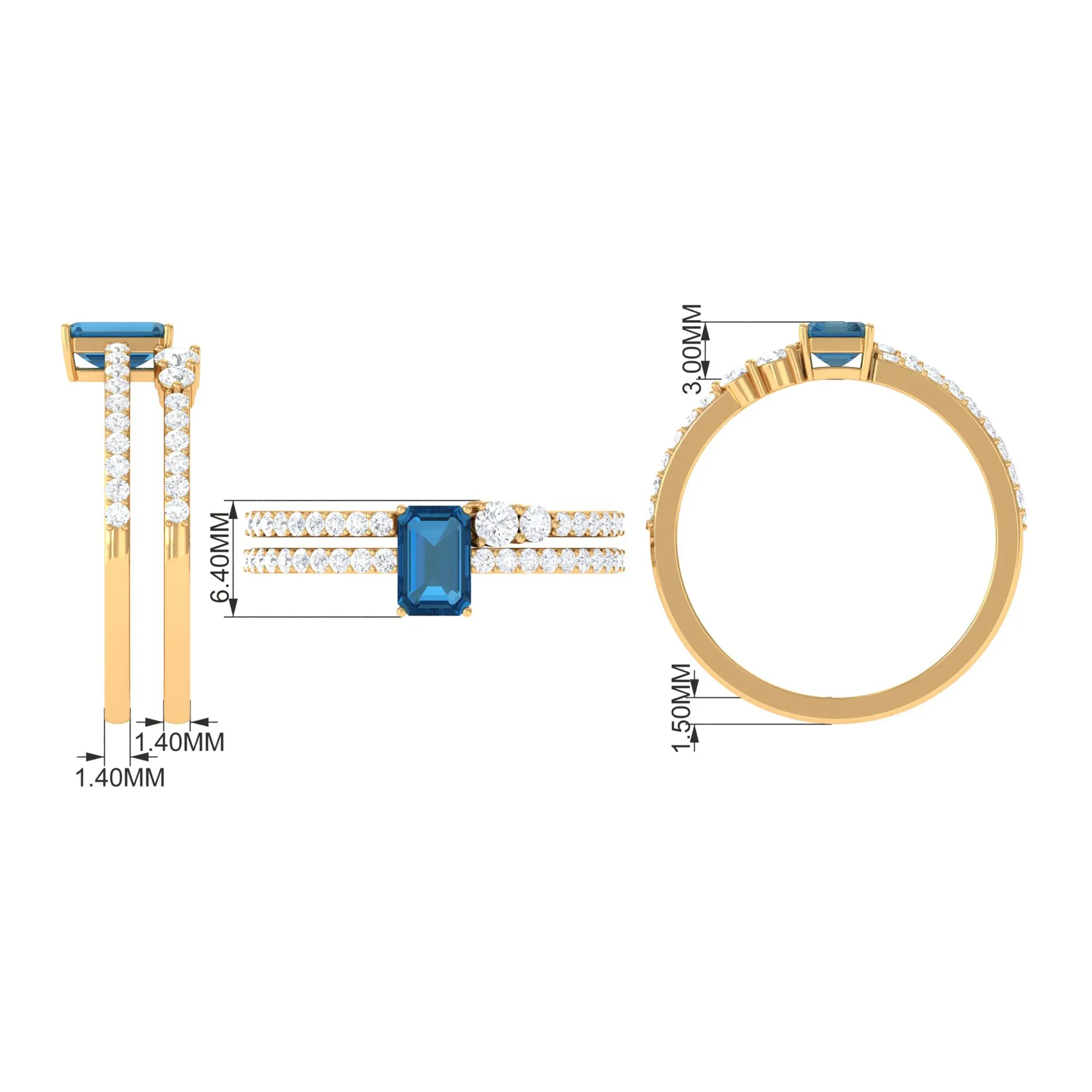 Natural London Blue Topaz Emerald Cut Solitaire Wedding Ring Set with Diamond Band