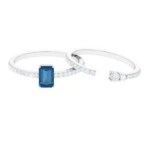 Natural London Blue Topaz Emerald Cut Solitaire Wedding Ring Set with Diamond Band