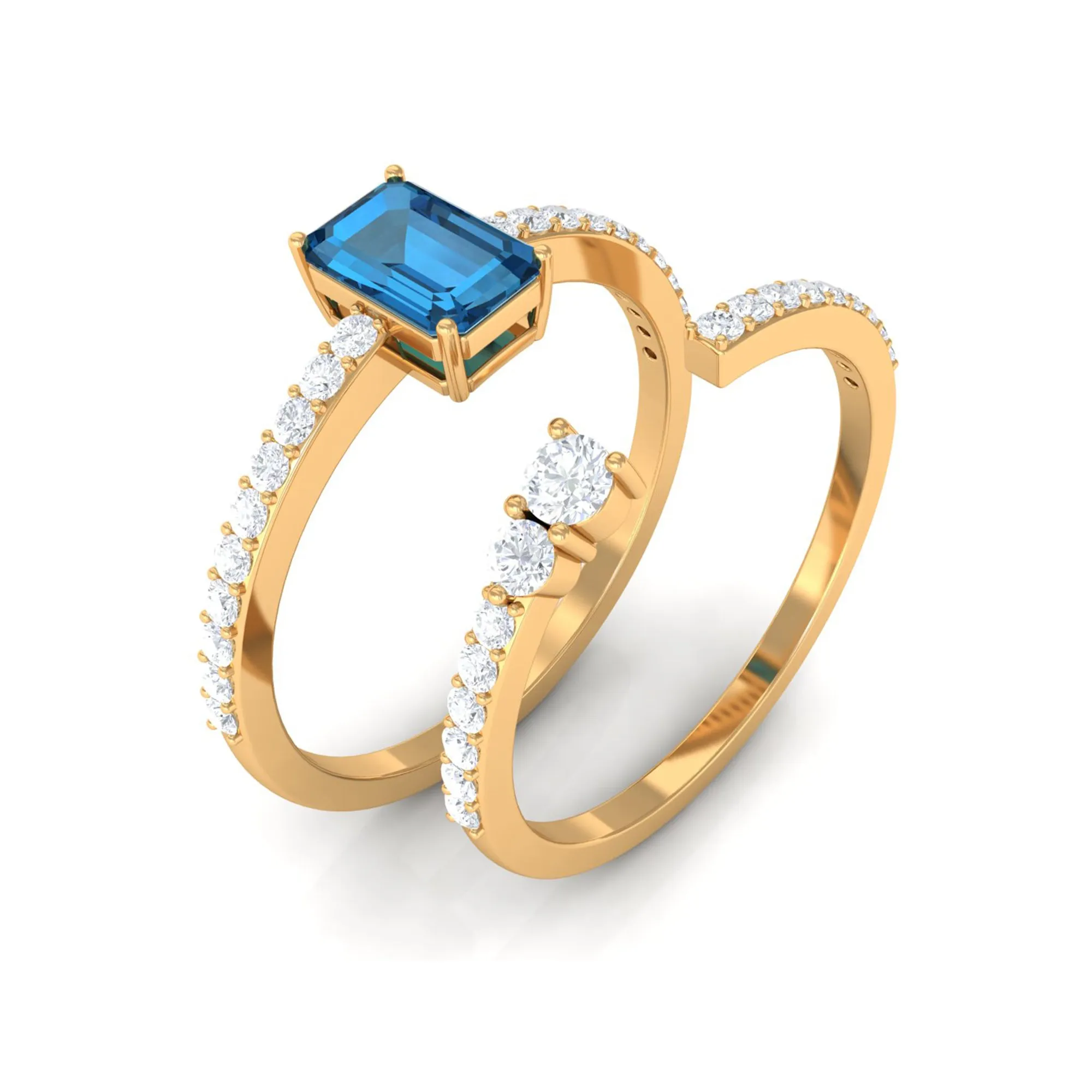 Natural London Blue Topaz Emerald Cut Solitaire Wedding Ring Set with Diamond Band