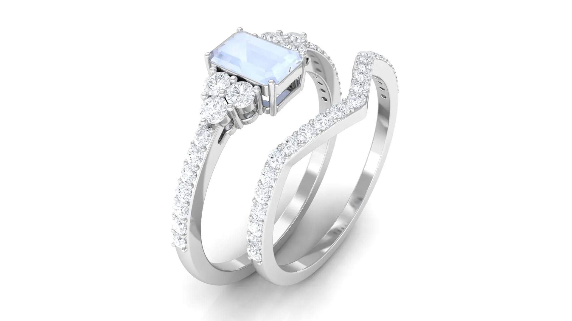 Natural Moonstone Stackable Ring Set with Diamond