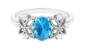Oval Cut Swiss Blue Topaz Beaded Flower Engagement Ring with Diamond