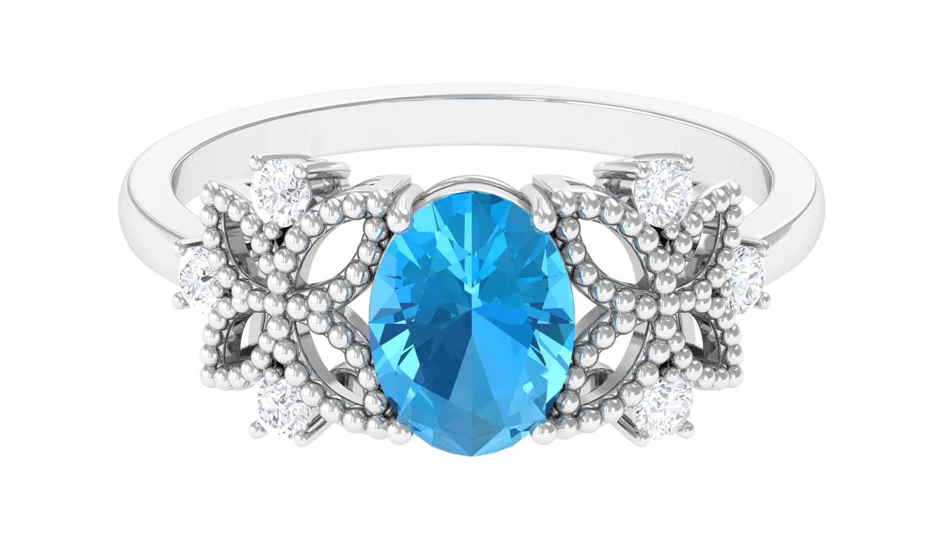 Oval Cut Swiss Blue Topaz Beaded Flower Engagement Ring with Diamond