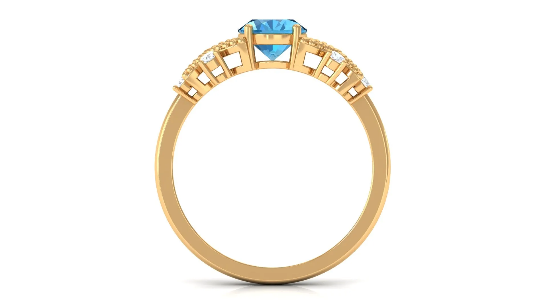 Oval Cut Swiss Blue Topaz Beaded Flower Engagement Ring with Diamond