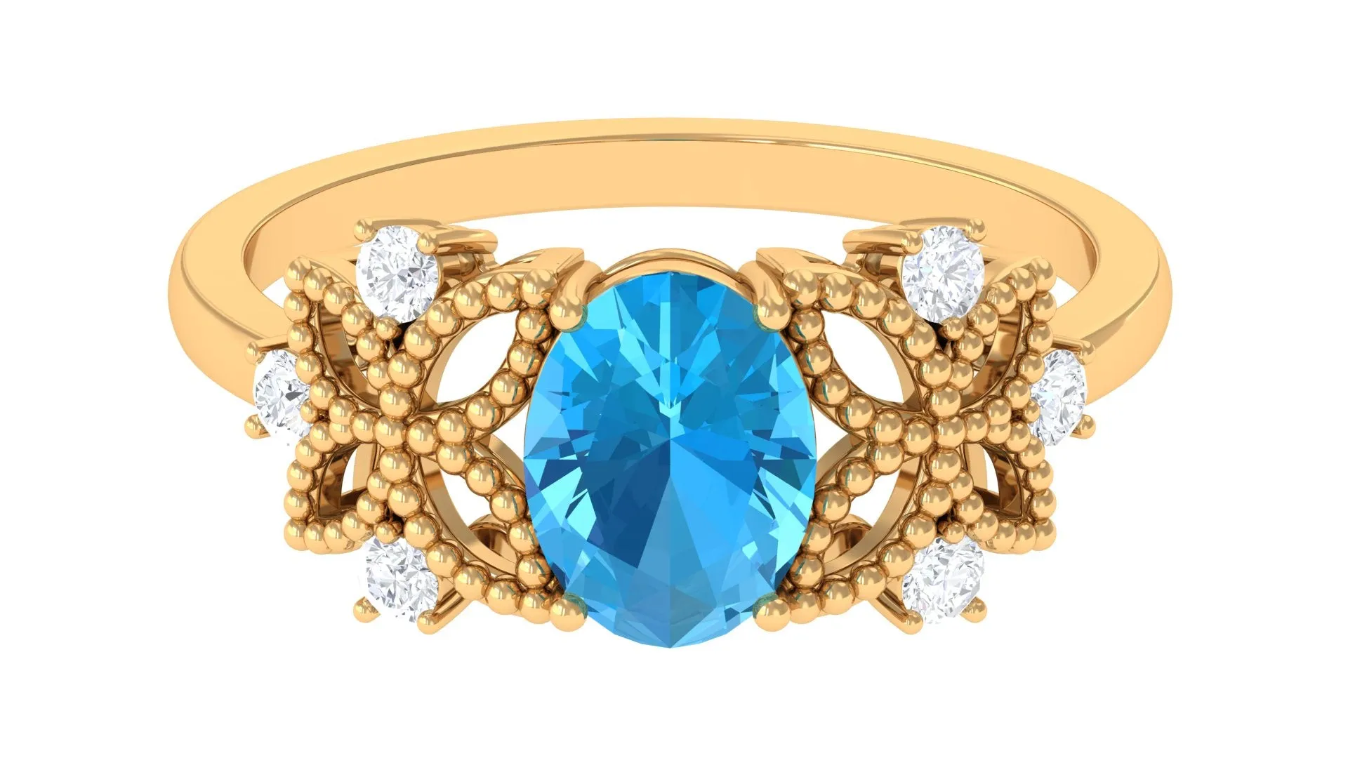 Oval Cut Swiss Blue Topaz Beaded Flower Engagement Ring with Diamond