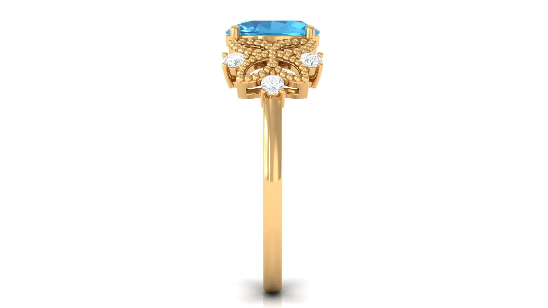 Oval Cut Swiss Blue Topaz Beaded Flower Engagement Ring with Diamond