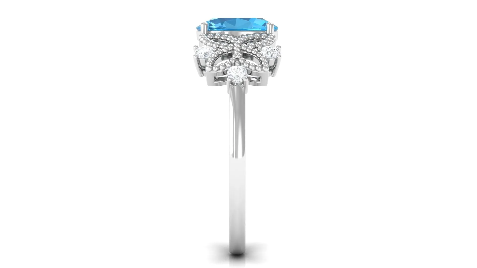 Oval Cut Swiss Blue Topaz Beaded Flower Engagement Ring with Diamond