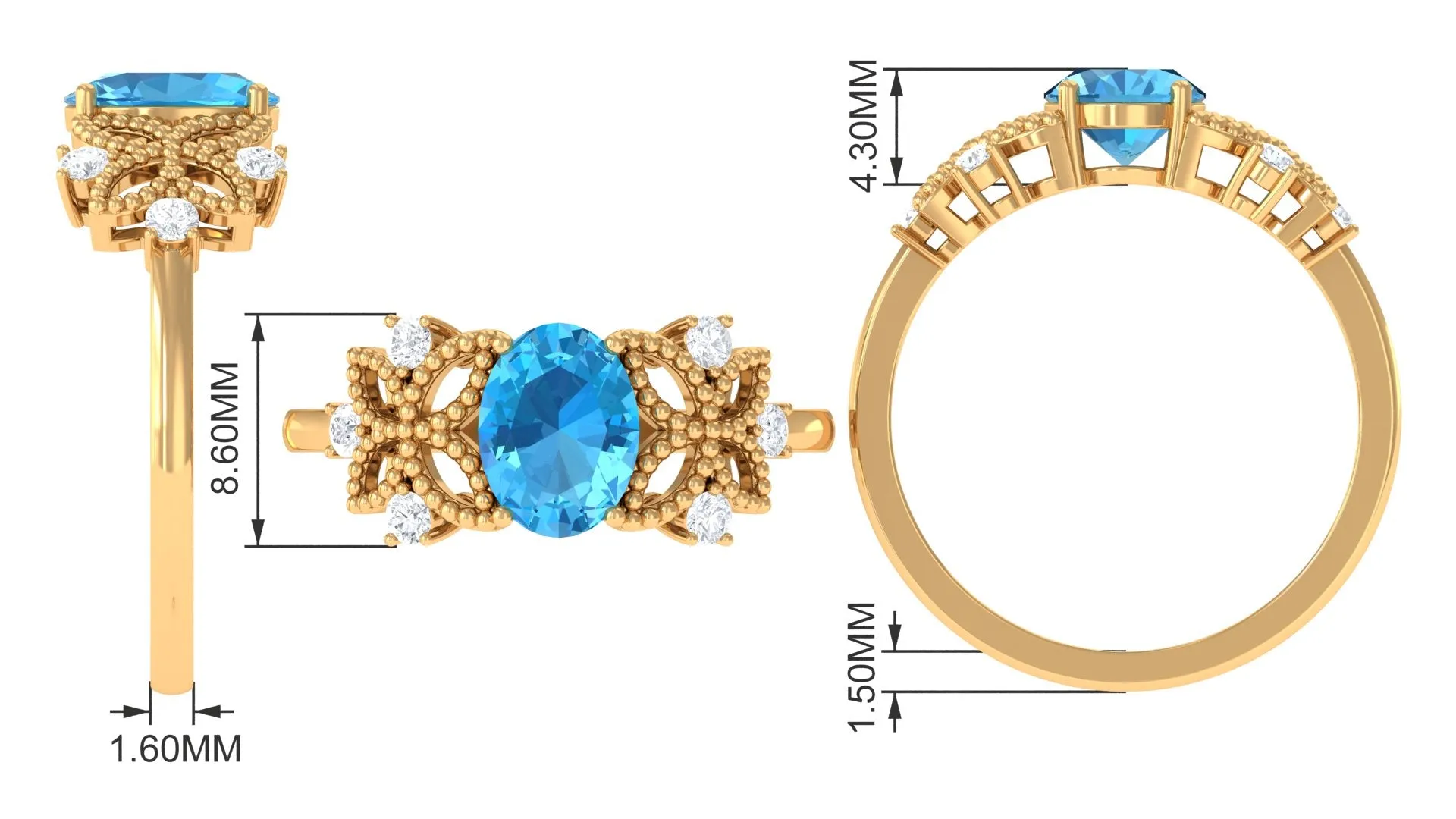 Oval Cut Swiss Blue Topaz Beaded Flower Engagement Ring with Diamond