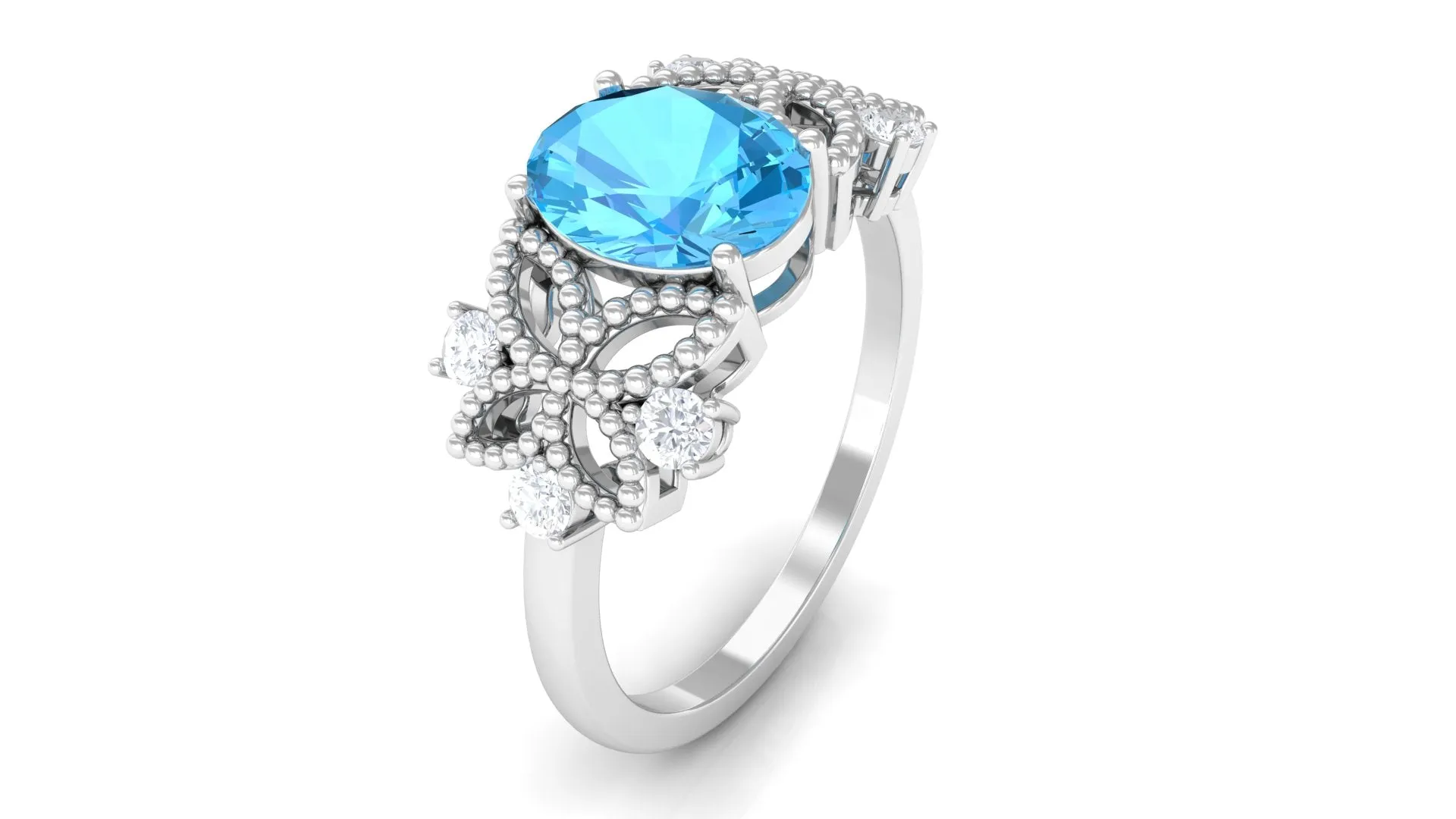 Oval Cut Swiss Blue Topaz Beaded Flower Engagement Ring with Diamond