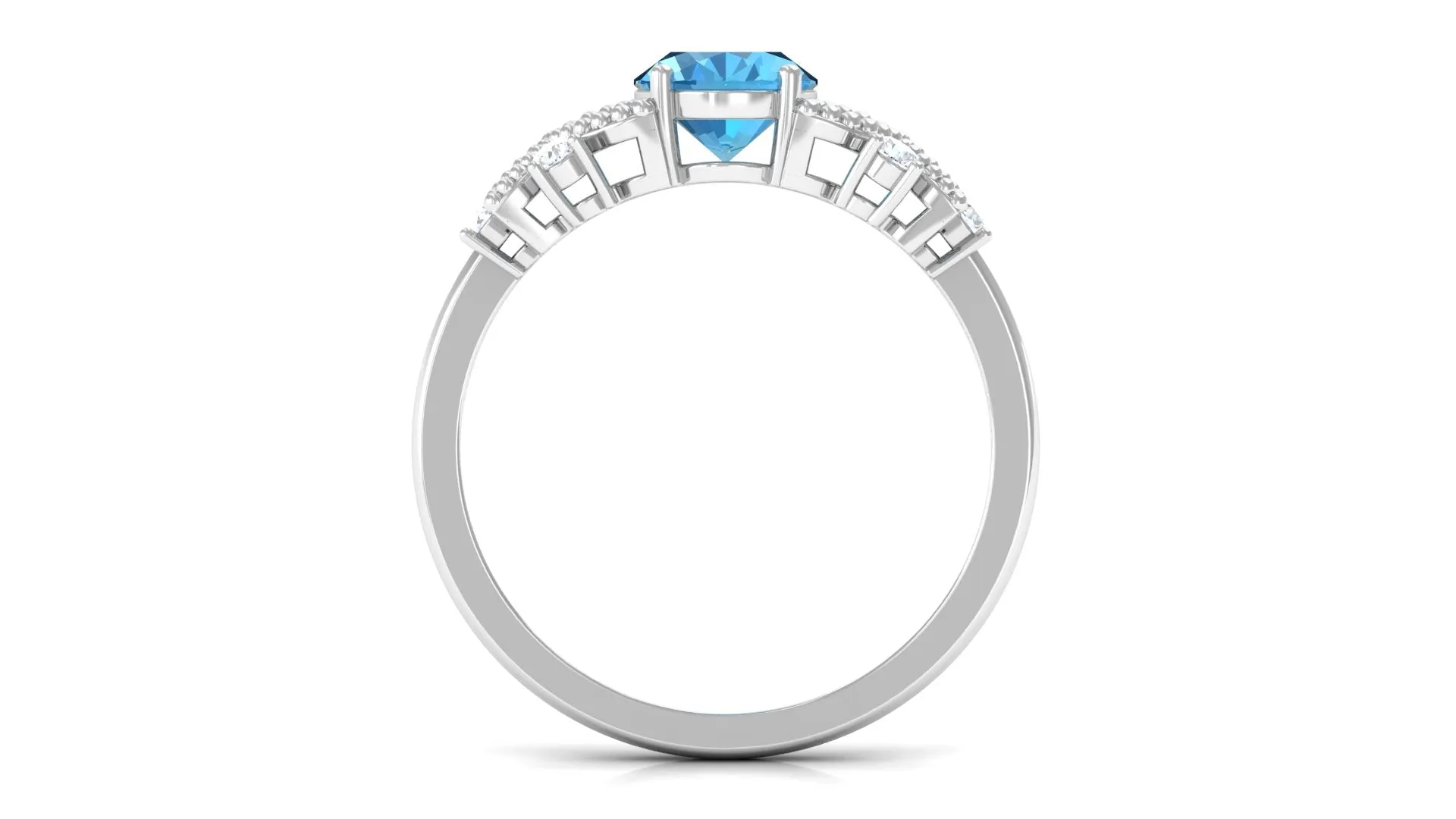 Oval Cut Swiss Blue Topaz Beaded Flower Engagement Ring with Diamond